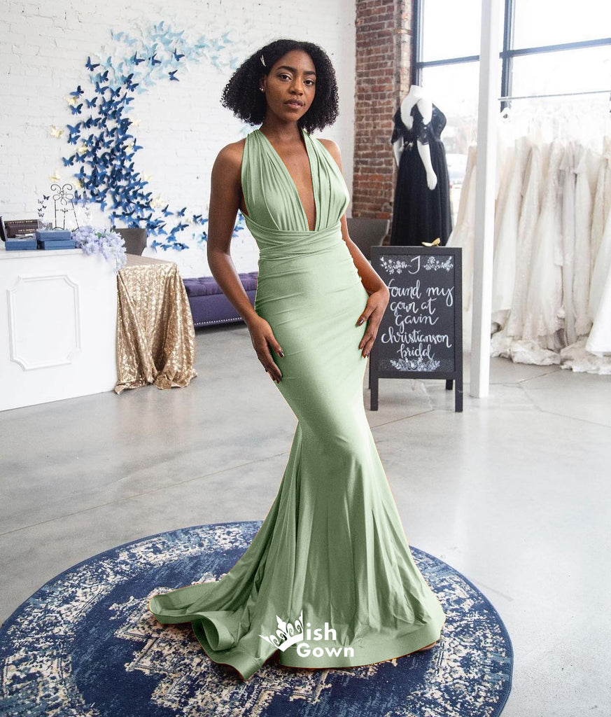 Green Convertible Soft Satin Halter Lace Up Backless Long Mermaid Bridesmaid Dresses, WGM102