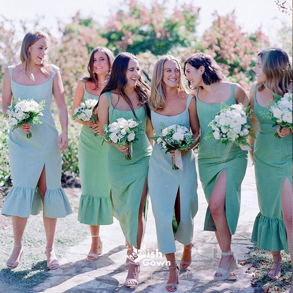 Simple Mismatched Light Green Tea-length Slits Sleeveless Long Bridesmaid Dresses, WGM104