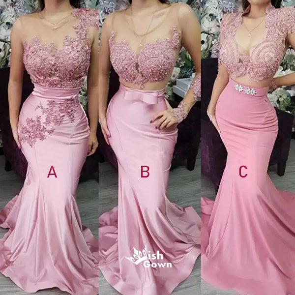 Pink Lace Appliques See Through Soft Satin Sexy Mermaid Long Bridesmaid Dresses, WGM105