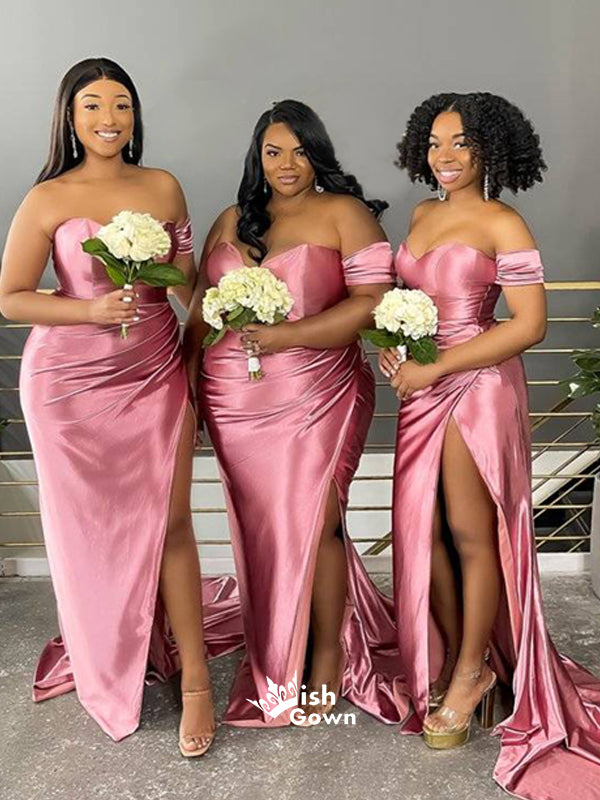 Pink Mismatched Strapless Sweetheart Soft Satin Slits Long Mermaid Bridesmaid Dresses, WGM110