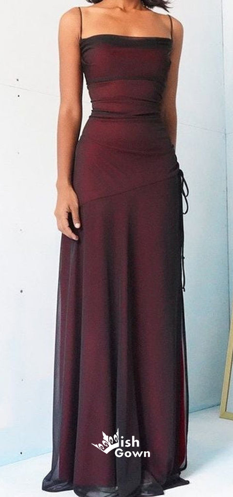 Vintage Burgundy Sheath Spaghetti Straps Slits Long Wedding Guest Bridesmaid Dresses, WGM114