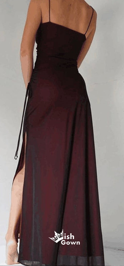 Vintage Burgundy Sheath Spaghetti Straps Slits Long Wedding Guest Bridesmaid Dresses, WGM114