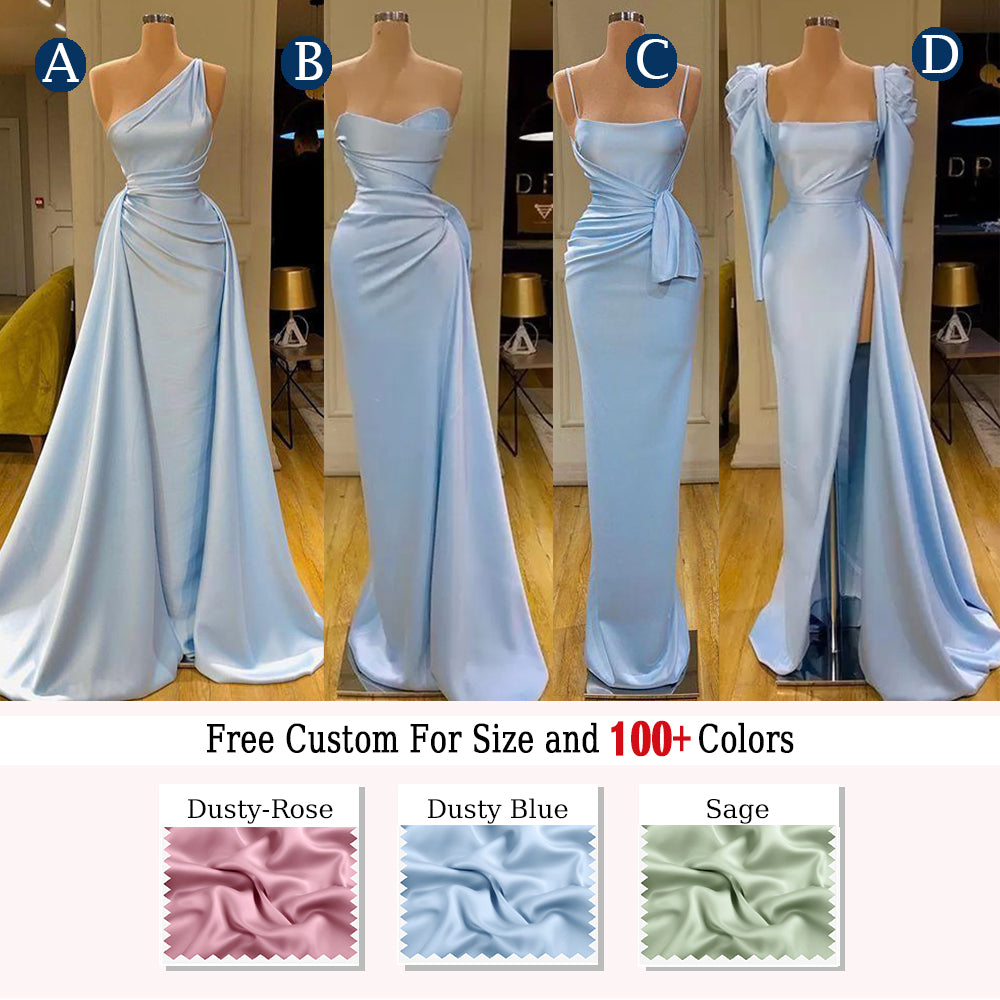 Light Blue Sheath Mermaid Long Satin Mixed Styles Sweep Train Prom Gowns Bridesmaid Dresses, WGM115