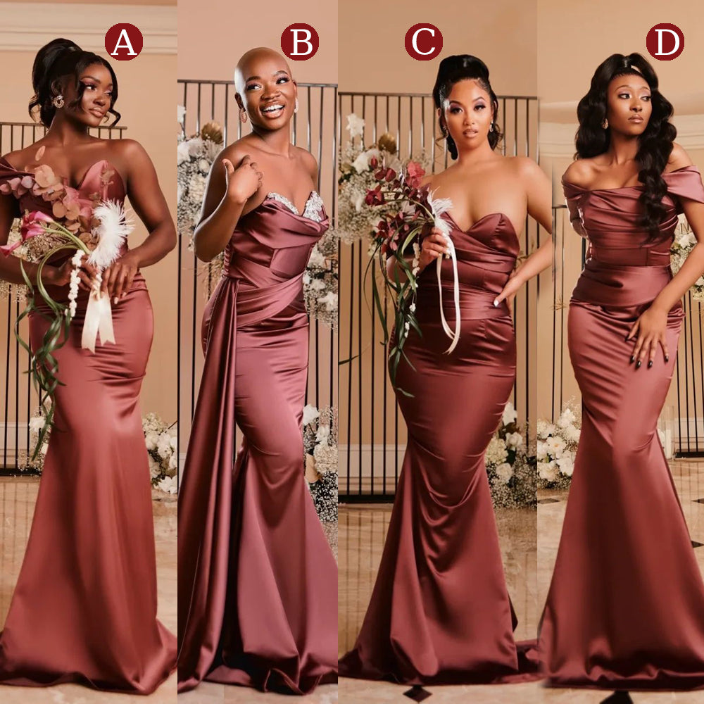 Mismatched Off Shoulder Pleats Squins Sweetheart Mermaid Soft Satin Long Bridesmaid Dresses, WGM117