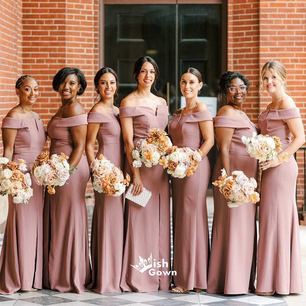 Graceful Pink Off Shoulder Slits Mermaid Long Bridesmaid Dresses, WGM121