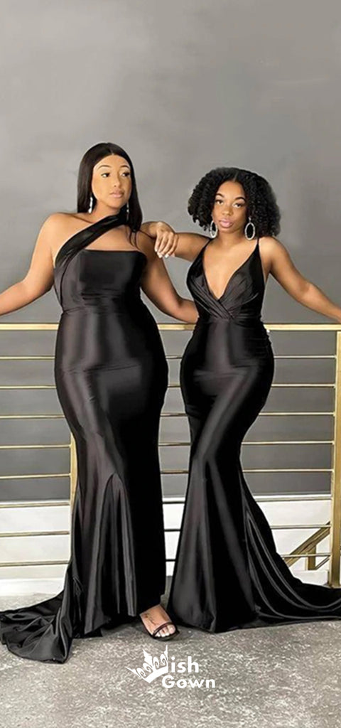 Black Sexy Spaghetti Straps One Shoulder Pleating Mermaid Soft Satin Long Bridesmaid Dresses, WGM123