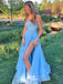 Elegant Halter Light Blue Lace Appliques Top Split Side Prom Dresses, WGP003