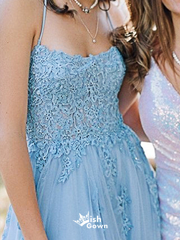 Elegant Halter Light Blue Lace Appliques Top Split Side Prom Dresses, WGP003