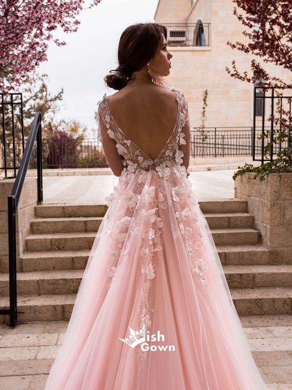 Sweet Pink Ball Gown Tulle Applique Long Sleeve A Line Prom Dresses, WGP010