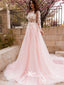 Sweet Pink Ball Gown Tulle Applique Long Sleeve A Line Prom Dresses, WGP010