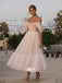 Simple Pale Pink Off Shoulders Tulle A-line Midi Homecoming Prom Dress, WGP026