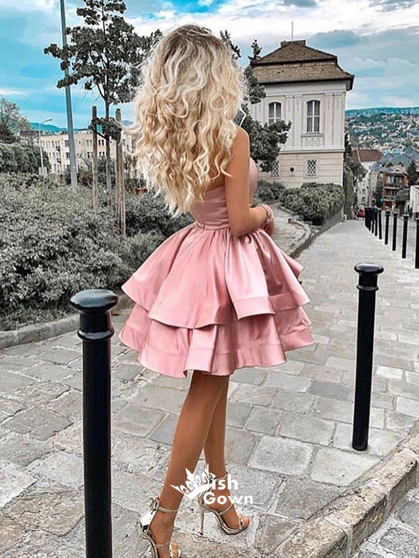 Pale Pink Satin One Shoulder Knee-length Graduation Homecoming Prom Dresses, WGP033