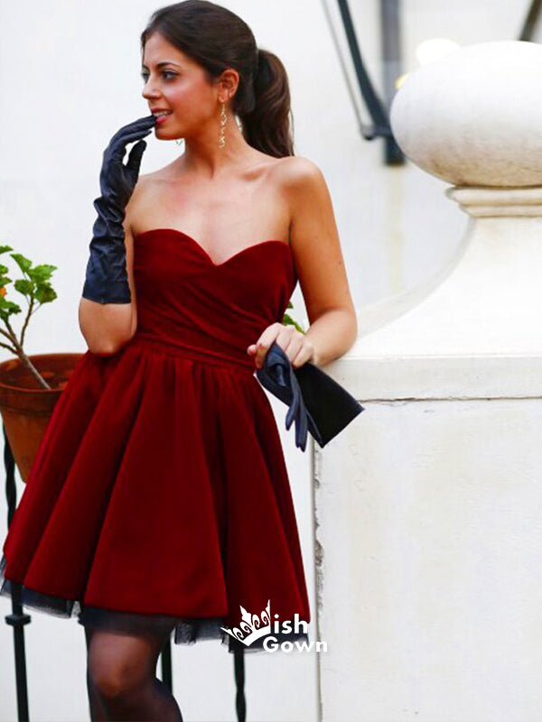 Simple Red Velvet Strapless Sweetheart Junior Short Graduation Homecoming Dresses, WGP039