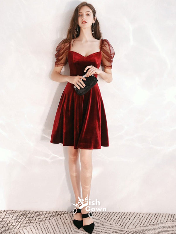 Puff Sleeves Sweetheart Red Velvet Knee-length Freshman Graduation Homecoming Dress, WGP040