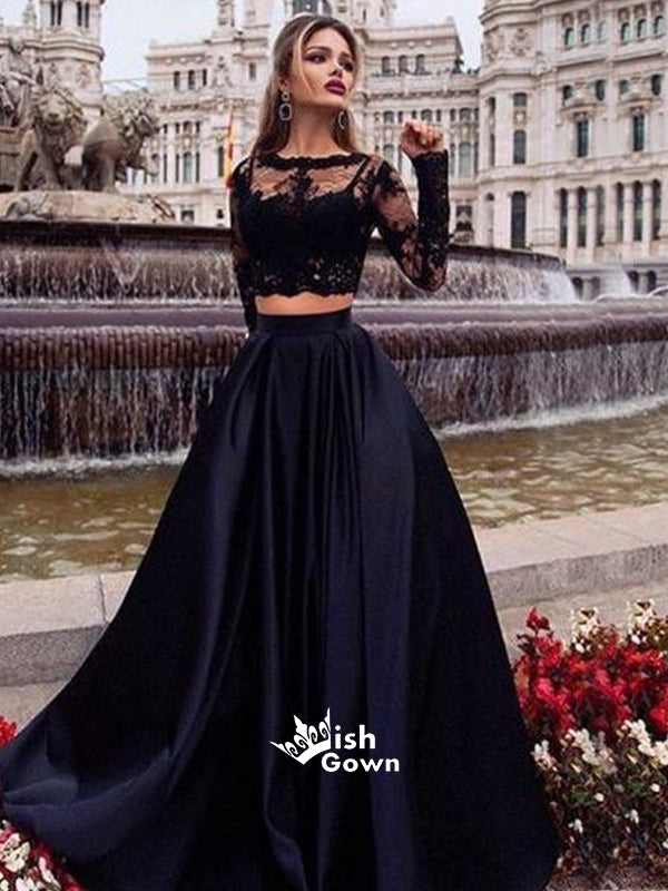 Popular Two Pieces Long Sleeves Black Lace Satin Long Prom Dresses, WGP063