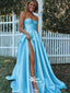 Sky Blue Satin Strapless Sweetheart Side Split Evening Long Prom Dresses, WGP065