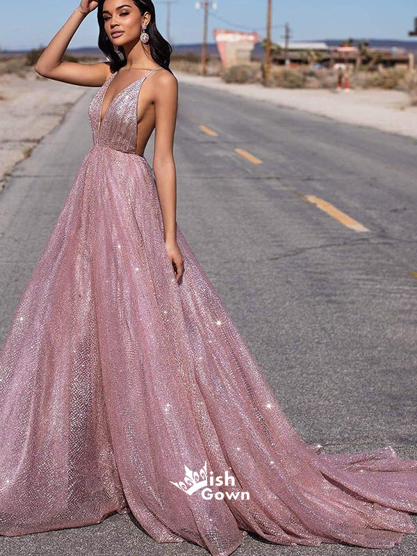 Sparkle Dusty Pink Deep V-neck Backless Long A-line Evening Prom Dresses, WGP070