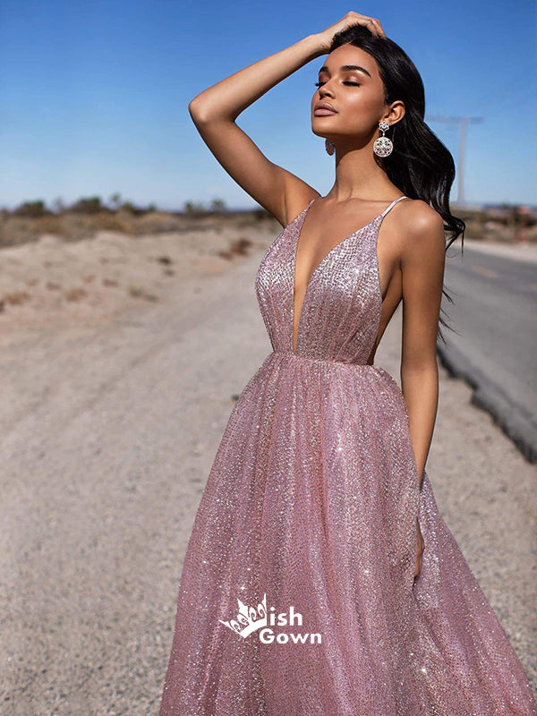 Sparkle Dusty Pink Deep V-neck Backless Long A-line Evening Prom Dresses, WGP070