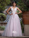 Pale Pink Tulle V-back Appliques Flowers A-line Evening Long Prom Dresses, WGP075