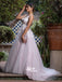 Pale Pink Tulle V-back Appliques Flowers A-line Evening Long Prom Dresses, WGP075