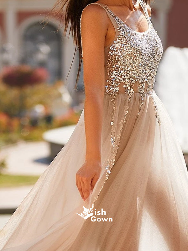 Silver Sparkly Sequins Top Light Grey Tulle V Neck Backless Charming Long Prom Dresses, WGP077