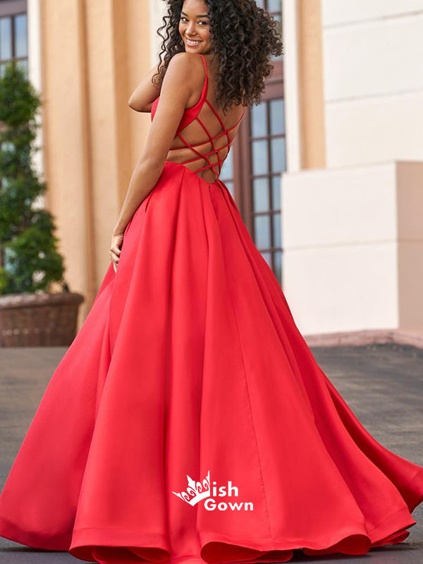 Hot Red A-line Sweetheart Satin Backless Lace Up Evening Long Prom Dresses, WGP080