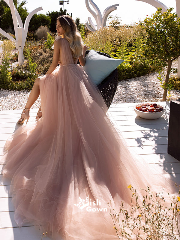 Simple Dusty Pink A-line Tulle Deep V-neck Long Evening Prom Party Dress With Trailing, WGP085