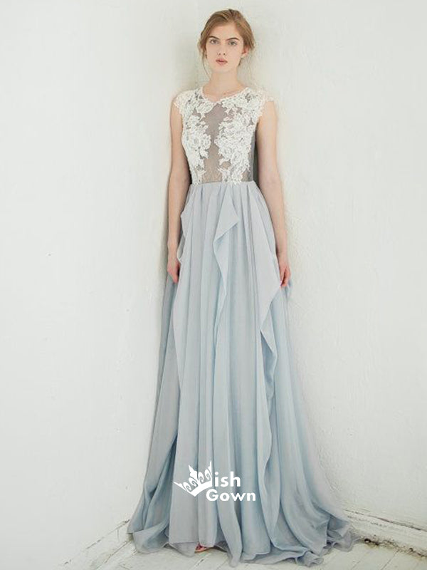 Grey Blue Chiffon A-line Appliques White Lace Top Cheap Wedding Dress Long Prom Dresses, WGP096