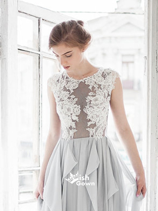 Grey Blue Chiffon A-line Appliques White Lace Top Cheap Wedding Dress Long Prom Dresses, WGP096