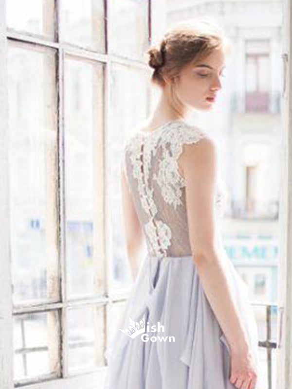 Grey Blue Chiffon A-line Appliques White Lace Top Cheap Wedding Dress Long Prom Dresses, WGP096