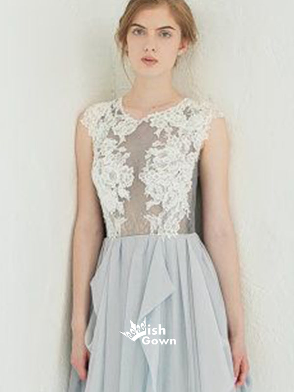 Grey Blue Chiffon A-line Appliques White Lace Top Cheap Wedding Dress Long Prom Dresses, WGP096