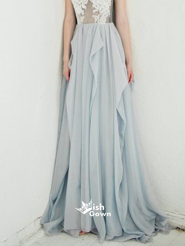 Grey Blue Chiffon A-line Appliques White Lace Top Cheap Wedding Dress Long Prom Dresses, WGP096