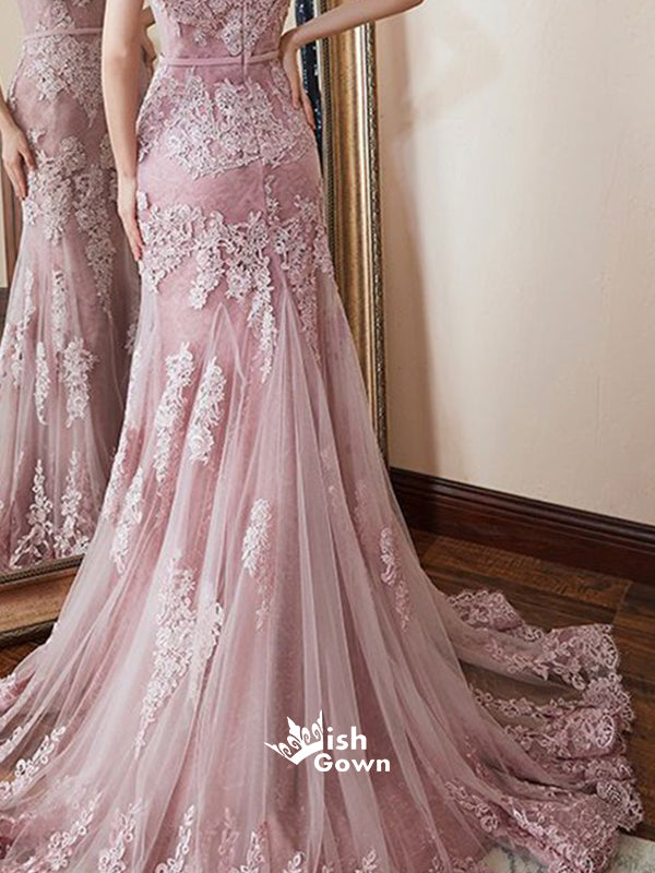 Pink Mermaid Spaghetti Straps Brush Applique Lace Evening Prom Dresses With Trailing, WGP097