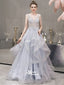 Pale Blue A-line Organza Beads Lace V-back See Through Top Long Evening Prom Dress, WGP102