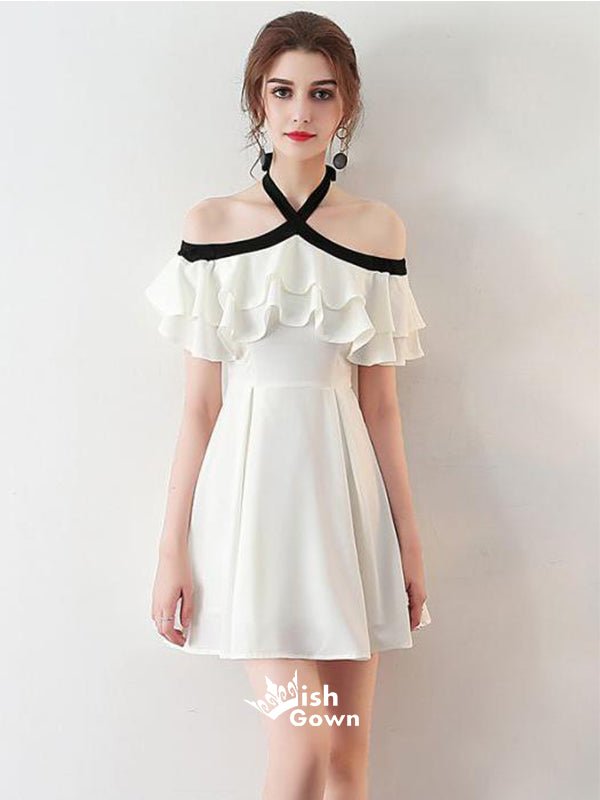 Simple White Chiffon Halter Rufful Short Cheap Graduation Homecoming Dresses, WGP106