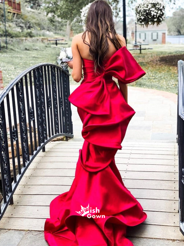 Red Satin Bow-knot Strapless Mermaid Long Prom Dresses , WGP117