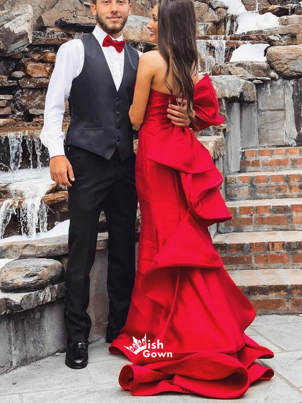 Red Satin Bow-knot Strapless Mermaid Long Prom Dresses , WGP117