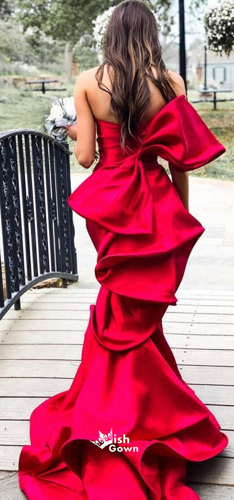 Red Satin Bow-knot Strapless Mermaid Long Prom Dresses , WGP117