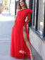 Chic Red Tulle One Shoulder A-line Side Split Long Prom Dresses , WGP124