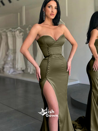 Green Strapless Button Side Split Mermaid Long Evening Gowns Prom Dresses , WGP127