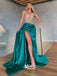 Gorgeous Rhinestone Strapless Green Satin Slits A-line Evening Gowns Prom Dresses, WGP174