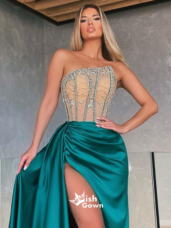 Gorgeous Rhinestone Strapless Green Satin Slits A-line Evening Gowns Prom Dresses, WGP174