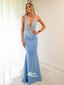 Blue Soft Satin Deep V-neck Appliques Mermaid Evening Gowns Prom Dresses, WGP183