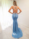 Blue Soft Satin Deep V-neck Appliques Mermaid Evening Gowns Prom Dresses, WGP183