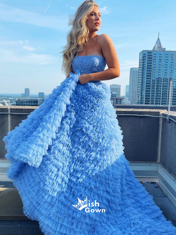 Blue Strapless Ruffled Tulle Layered Popular Long A-line Prom Dresses, WGP191