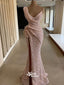 One Shoulder Pleats High Slit Pink Sequin Sparkle Long Mermaid Prom Dresses, WGP193