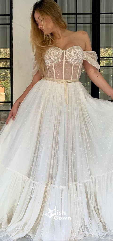 Off Shoulder Ivory Tulle Lace Appliques A-line Evening Gowns Prom Dresses, WGP196