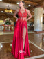 Red Appliques V-neck Spaghetti Straps Satin Slits A-line Evening Gowns Prom Dresses, WGP197