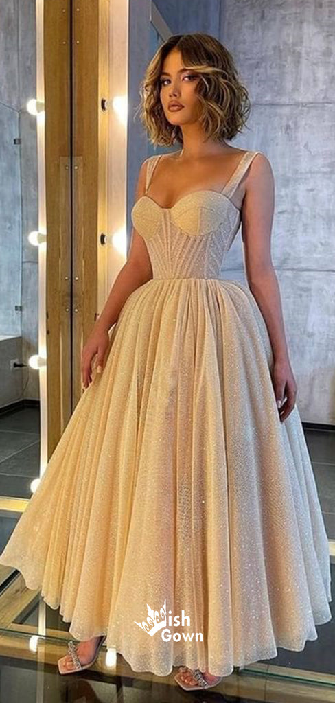 Court Style Sweetheart Tulle Straps Sequins A-line Ankle-length Evening Gowns Prom Dresses, WGP208