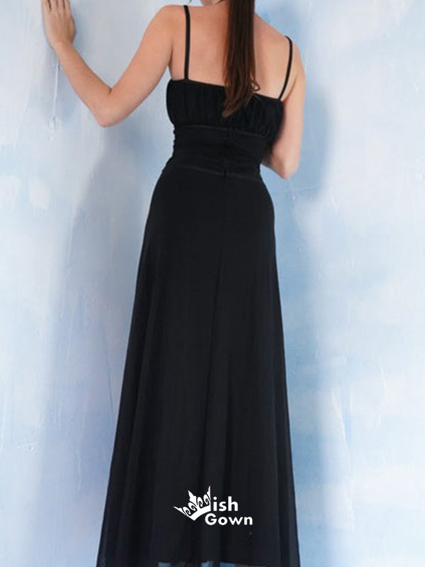 Black Spaghetti Straps Criss Cross Lace-up Slits Sheath A-line Evening Gowns Prom Dresses, WGP222